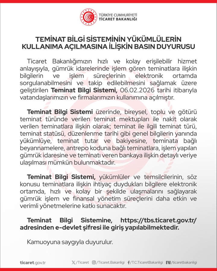 Teminat Bilgi Sistemi Duyurusu