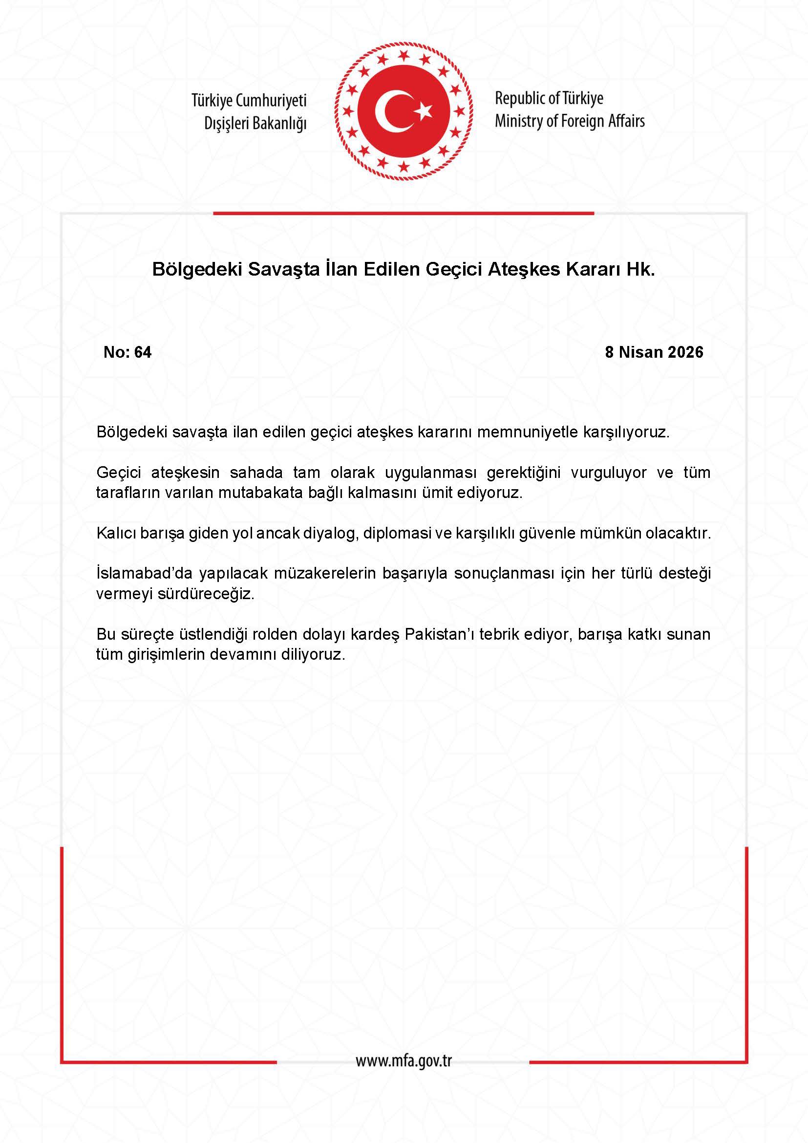 Geçici ateşkes kararıyla ilgili resmi açıklama