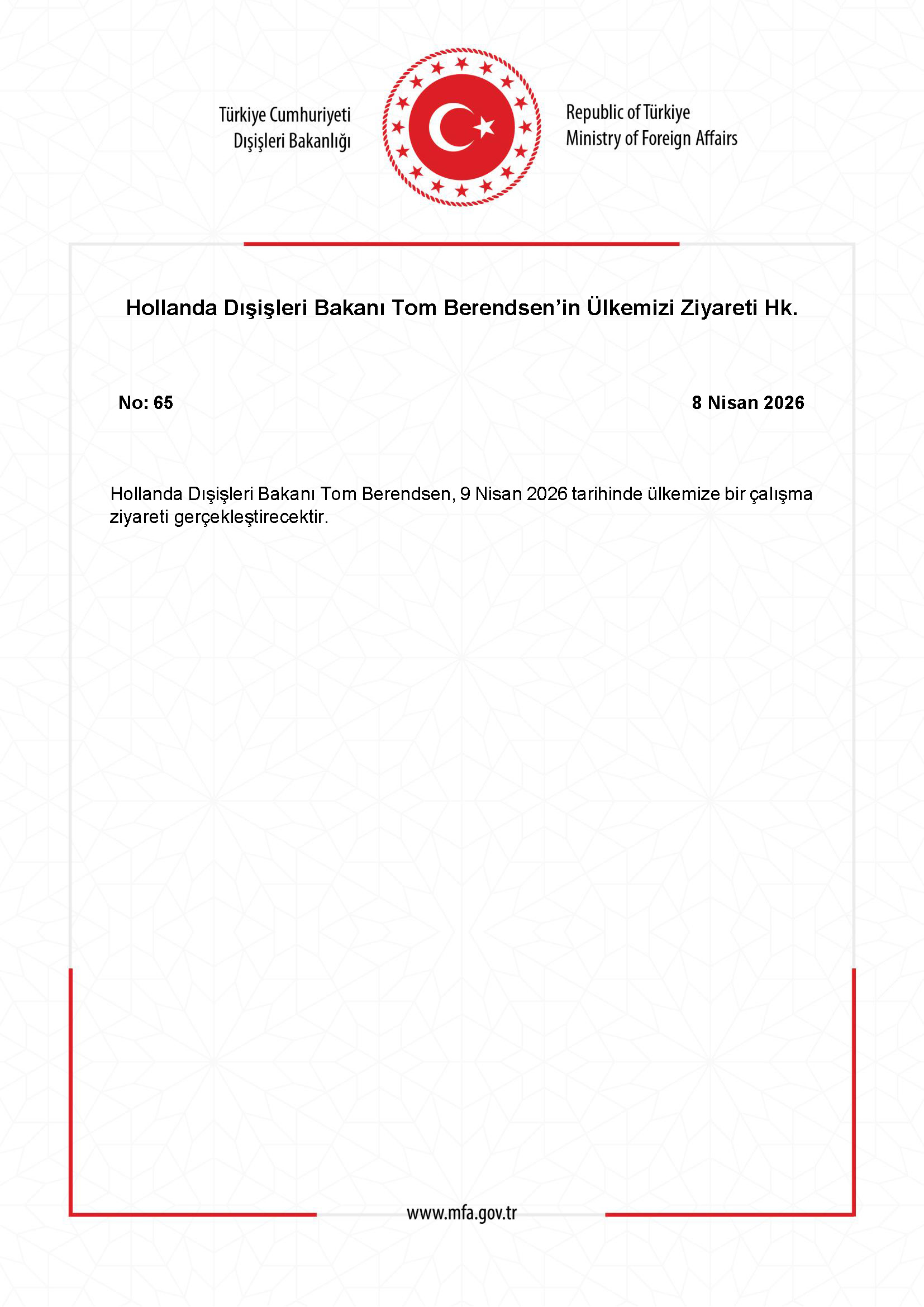 Hollanda Dışişleri Bakanı Türkiye'yi Ziyaret Etti