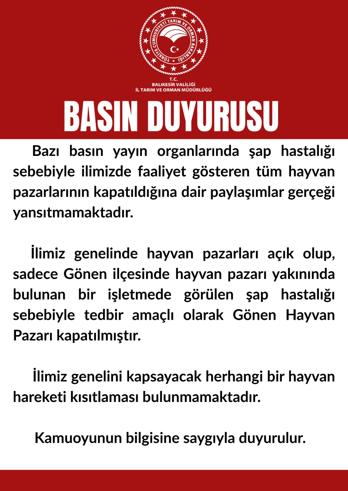 Tarım Bakanlığı'ndan Kamuoyuna Duyuru Yapıldı