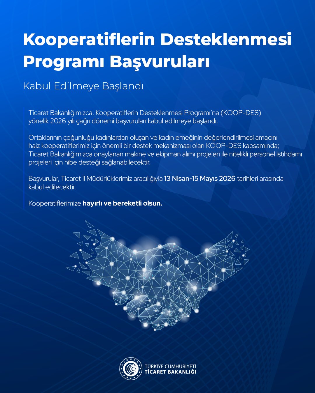 Kooperatif Destek Programı için Başvurular Başladı