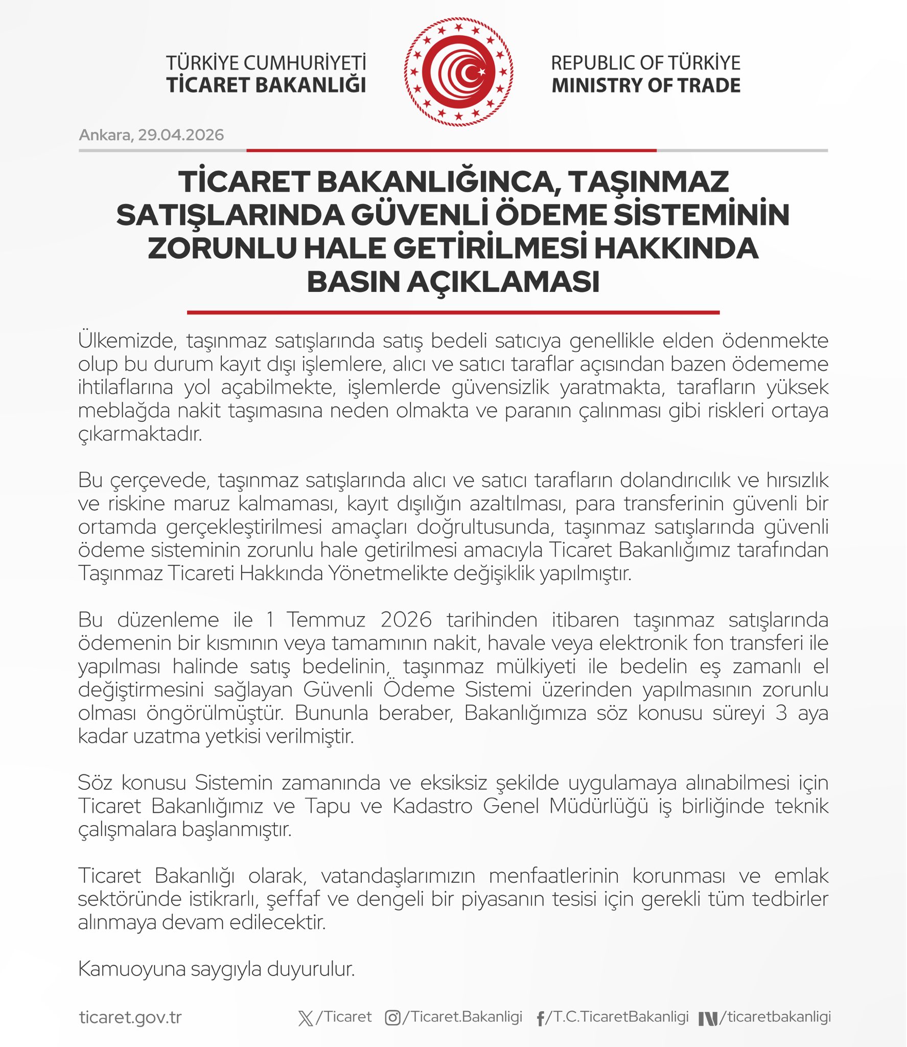 Gayrimenkul satışlarında güvenli ödeme sistemi zorunlu hale geldi