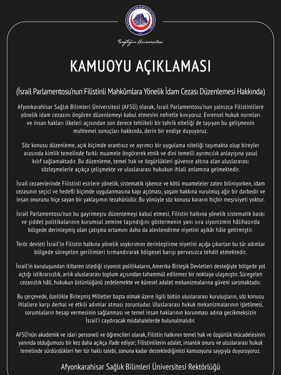 Afyonkarahisar Sağlık Bilimleri Üniversitesi AFSÜ'nün İsrail Parlamentosu'nun Filistinli Mahkûmlara Yönelik İdam Cezası Düzenlemesi Hakkındaki Açıklaması