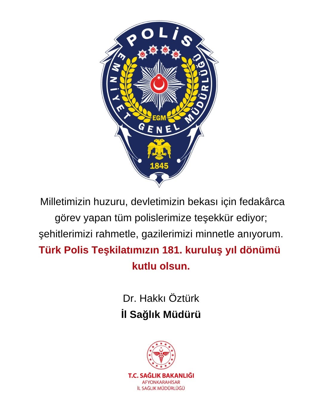 Türk Polis Teşkilatı 181. Kuruluş Yıl Dönümünde Teşekkür Mesajı