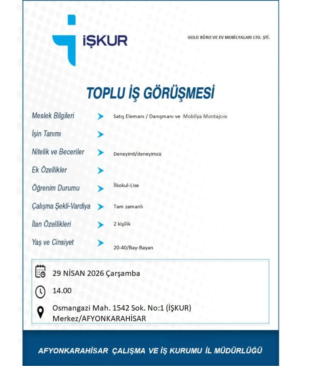 Gold Büro ve Ev Mobilyaları İşyeri Personel Alımı İlanı