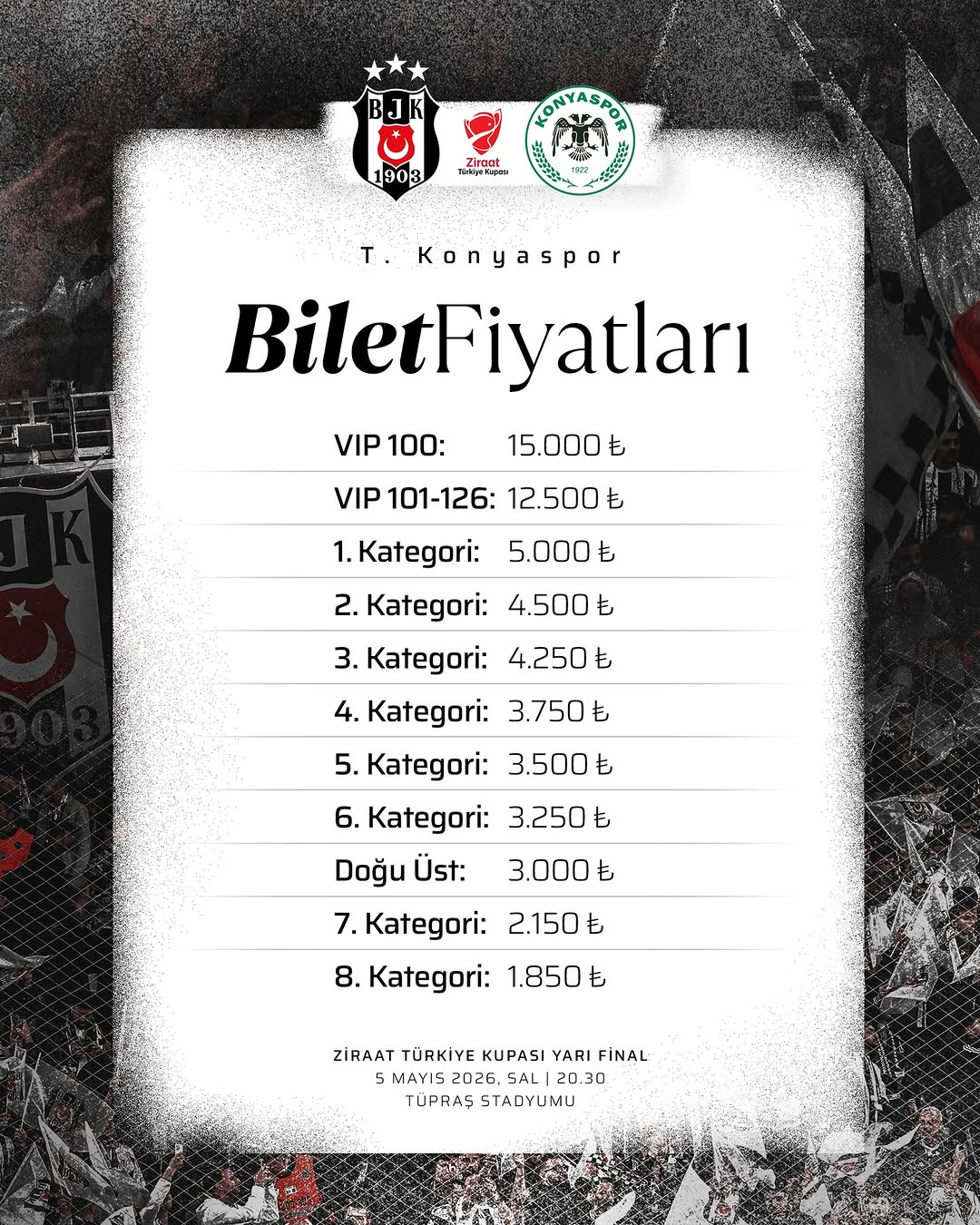 Beşiktaş, Tümosan Konyaspor Maçı Biletleri Satışa Çıkıyor