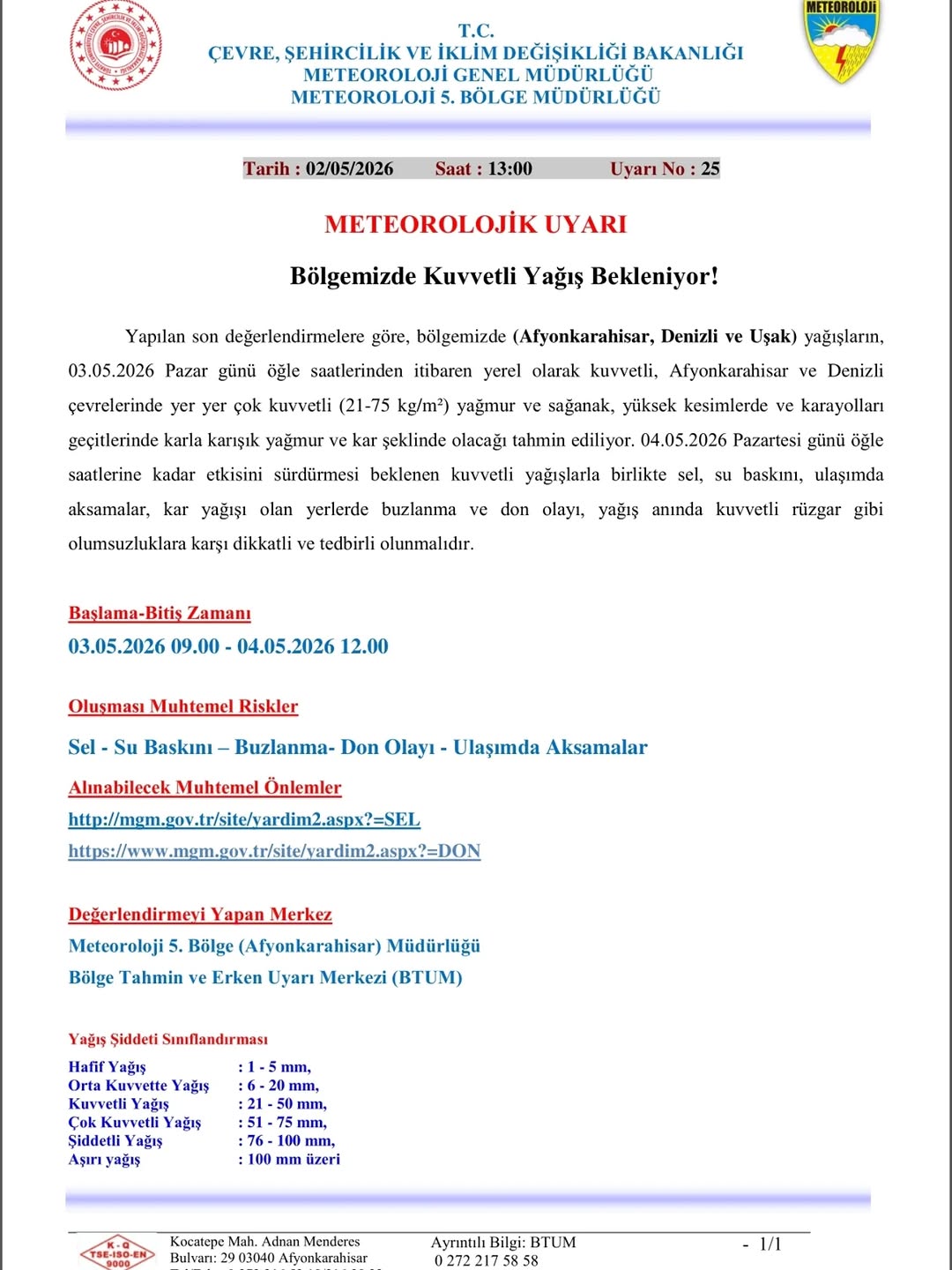 Afyonkarahisar Meteoroloji 5. Bölge Müdürlüğü'nden Kuvvetli Yağış Uyarısı