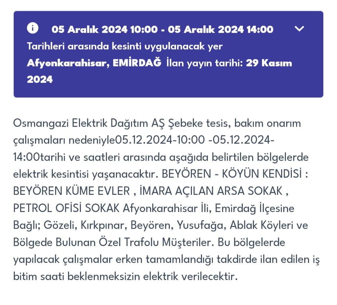 Emirdağ'da Planlı Elektrik Kesintisi Uyarısı