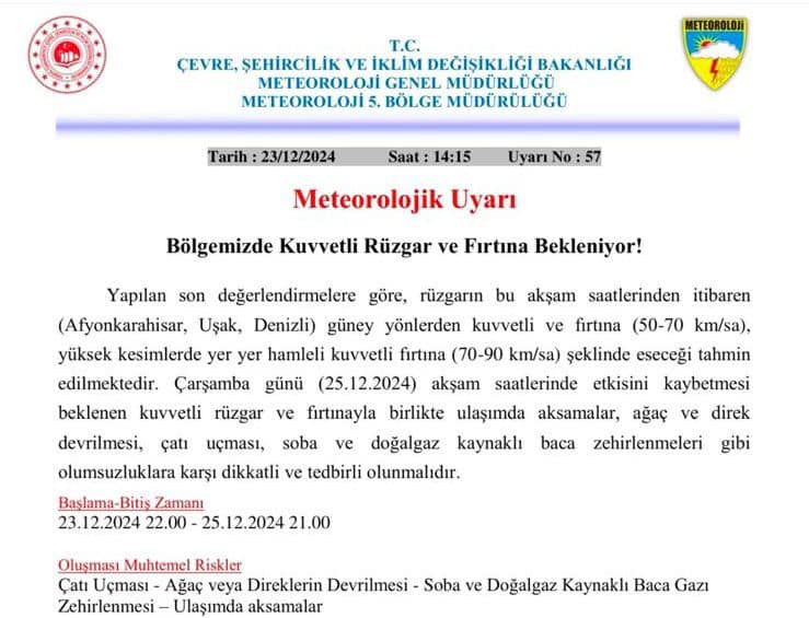 Afyonkarahisar'da Kuvvetli Rüzgar ve Fırtına Uyarısı