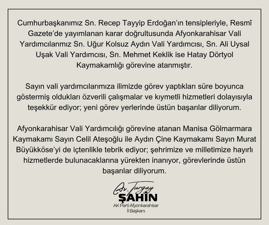 Afyonkarahisar'da Vali Yardımcıları Görev Yerlerinde Değişiklik